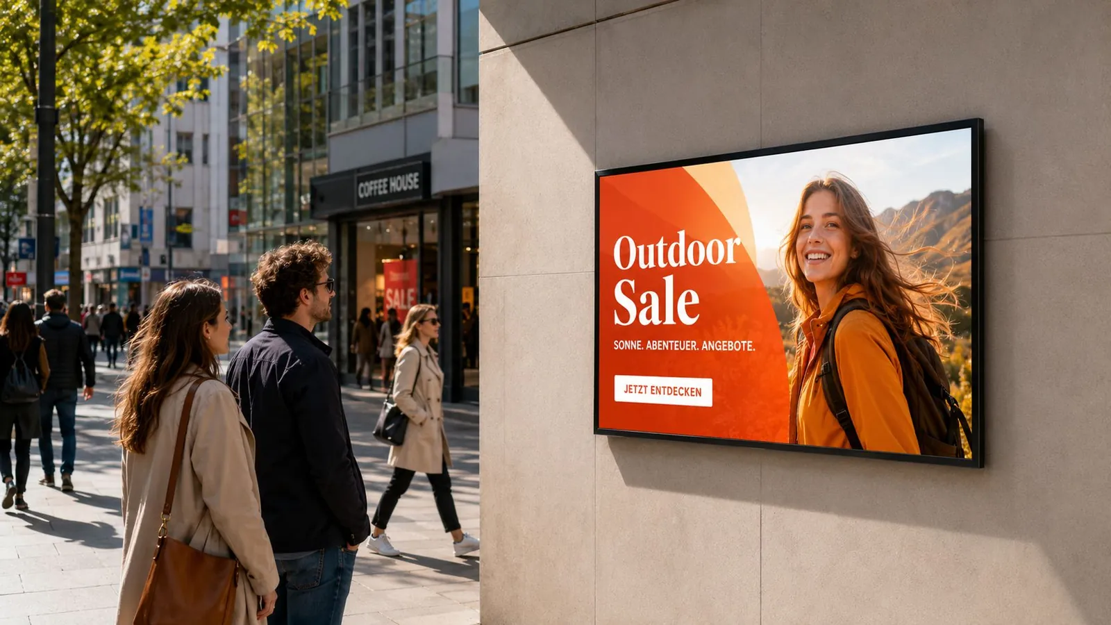 Outdoor-Bildschirm mit Wandhalterung f&uuml;r digitale Werbung &mdash; wetterfest montiert an Au&szlig;enwand f&uuml;r Schaufenster, Fassade oder Eingangsbereich